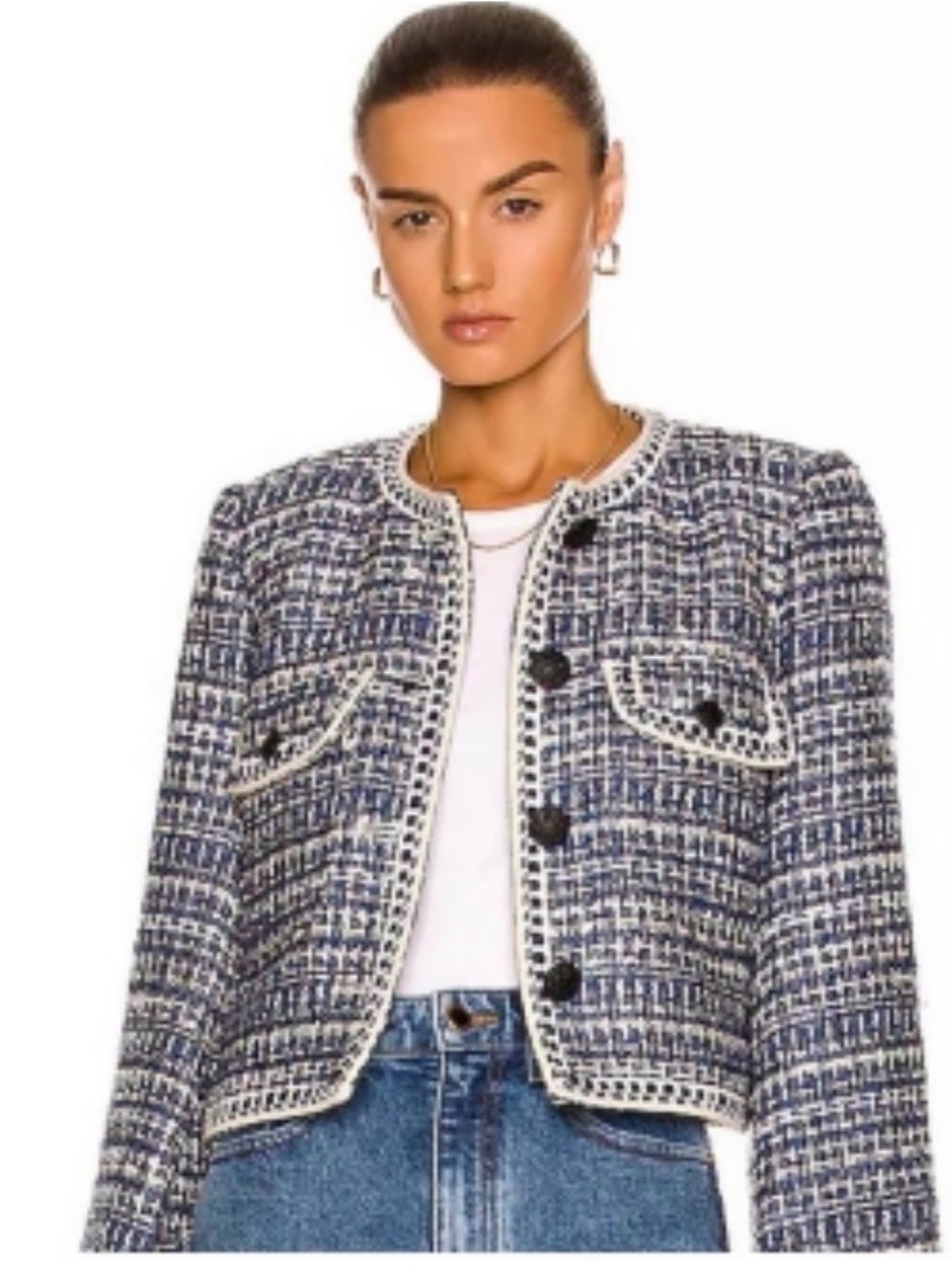 Christian Lacroix XS Blue White Tweed Bouclé Cropped Jacket Blazer